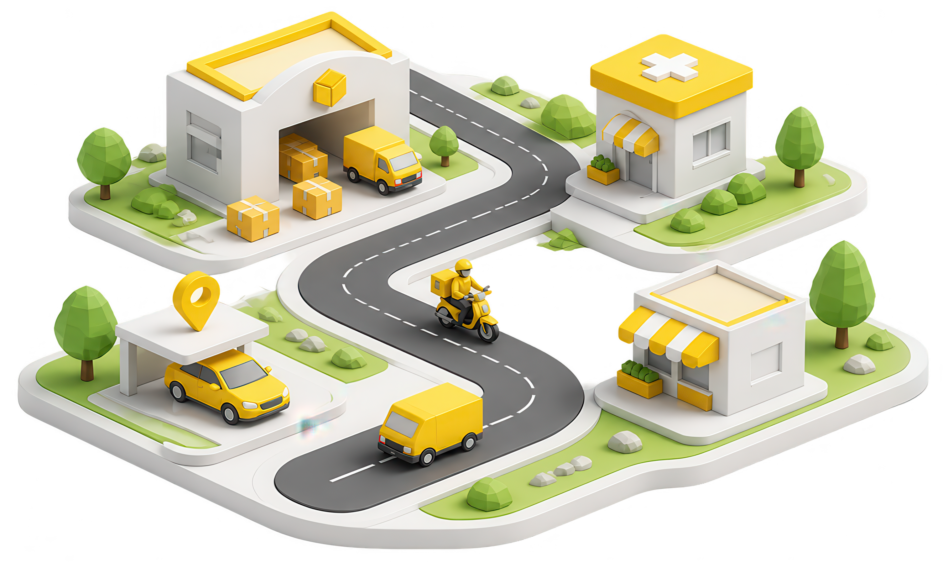 An illustrated Brunei neighbourhood served by Bee — warehouses, shops, riders and vans